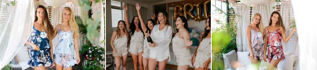 Three bridesmaids wearing satin cami sets