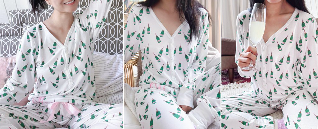 a close up photo of bridesmaid pajamas that have little wine glasses on them.