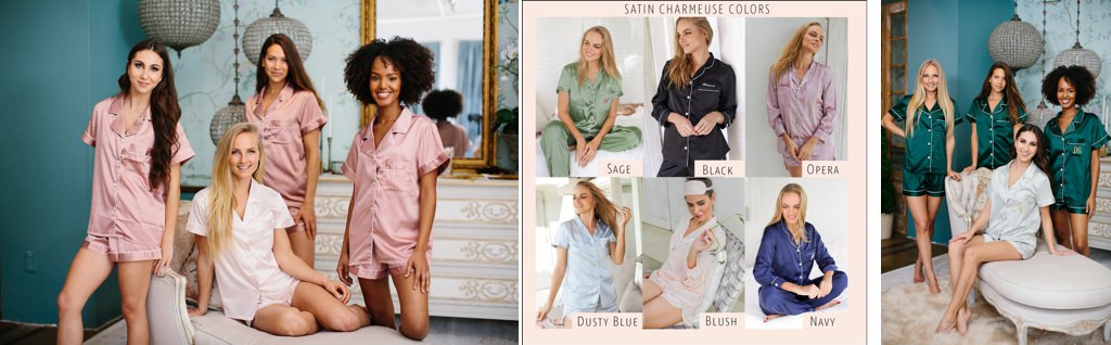 bridesmaids wearing satin pj shorts sets