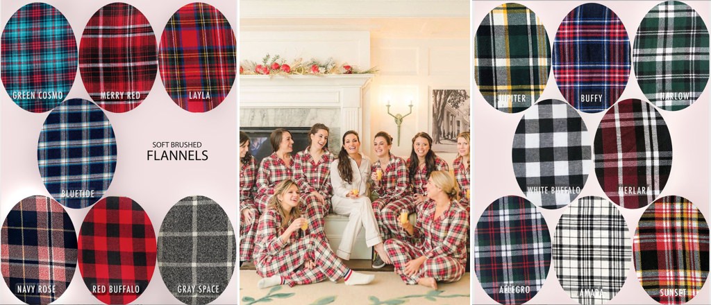 15 flannel swatch patterns with a photo of bridesmaids wearing flannel pjs in the middle