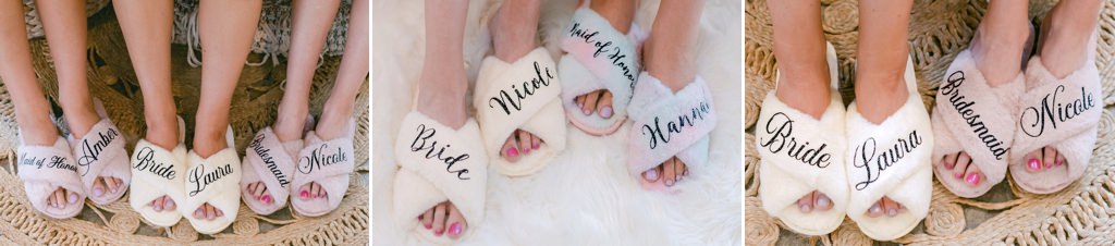 close up photo of feet in slippers that say bride and bridesmaids on them