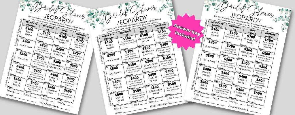 Three bridal shower Jeopardy game cards on a table