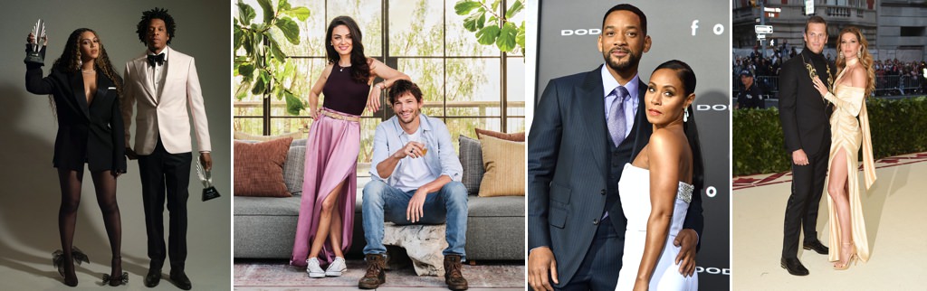 famous couples including beyonce, jay-z, ashton kutcher, and mila kunis. This is for the article bridal shower jeopardy.