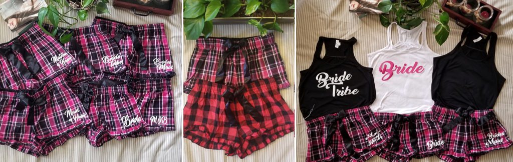 flannel shorts for the bridal party on a table