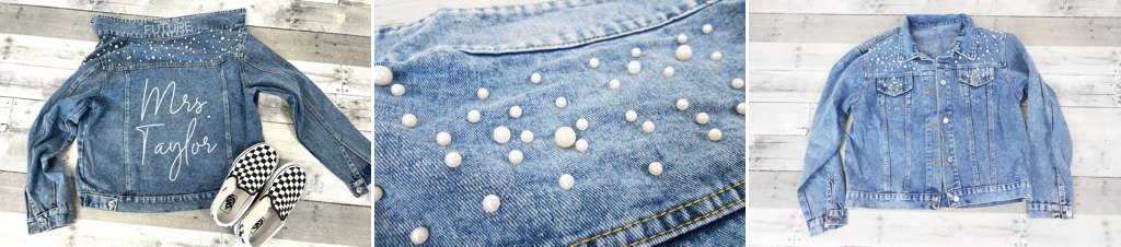 A close up of a bridal denim jean jacket with white pearls