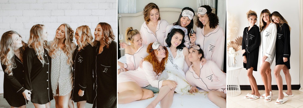 A bride and bridesmaids wearing cotton button down oversized shirts