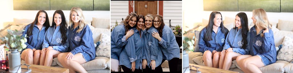 A bride and bridal party wearing denim button down shirts while sitting on a couch