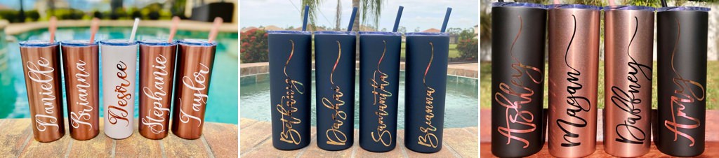 A close up of bridesmaid travel cups
