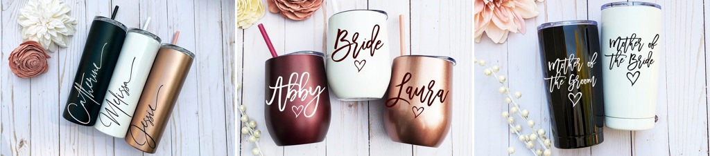 A close up photos of wine glasses for bridesmaids