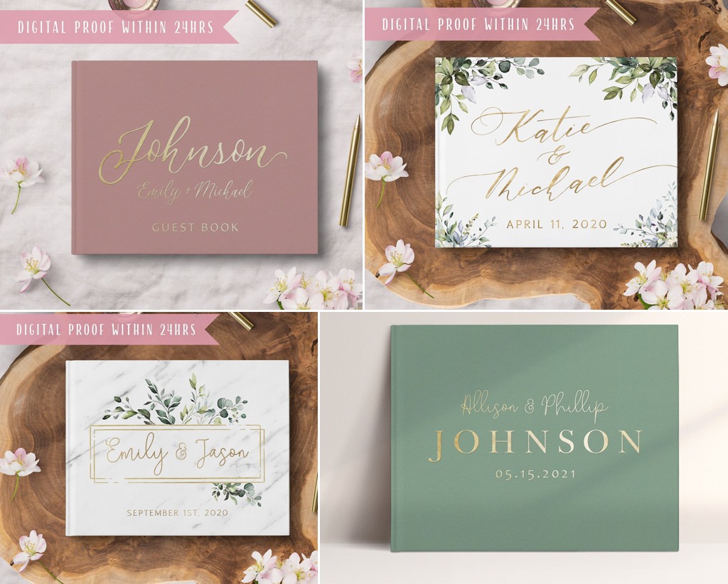 A close up of 4 different wedding guest books