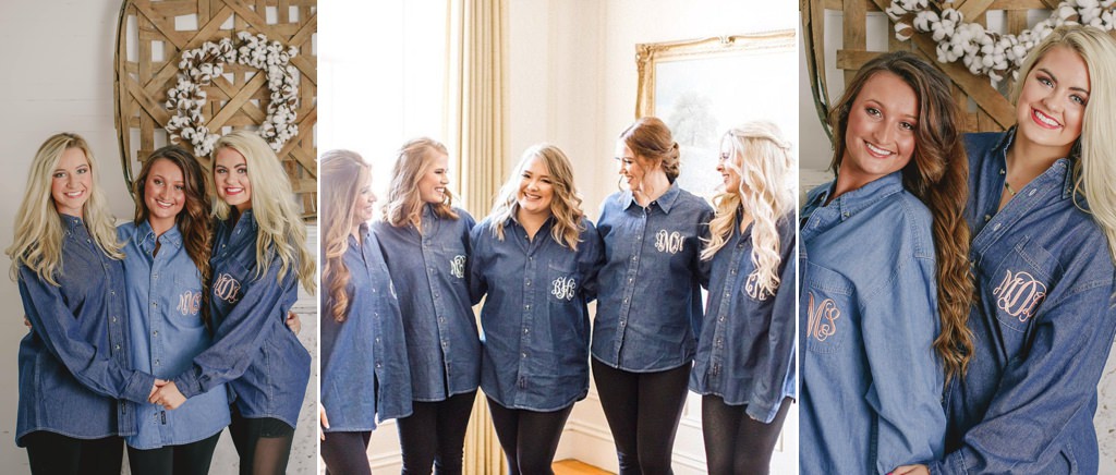 A bride and bridesmaids posing in denim button down shirts