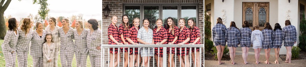bridesmaids wearing flannel pajamas while getting ready for a wedding