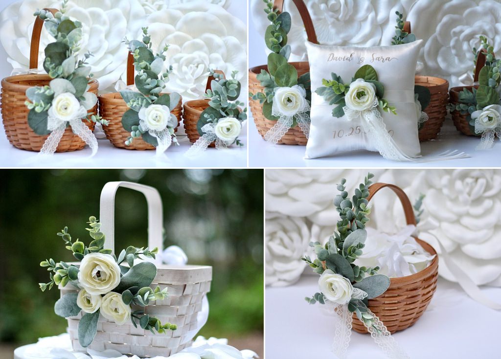 Close up photos of flower girls baskets for a wedding ceremony