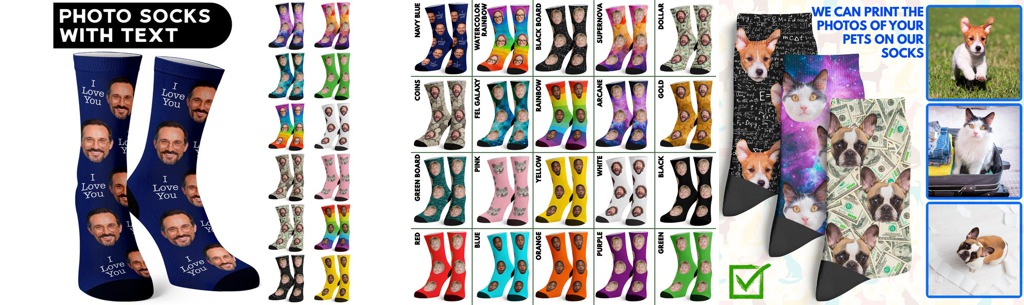 Funny socks with faces on them for a wedding