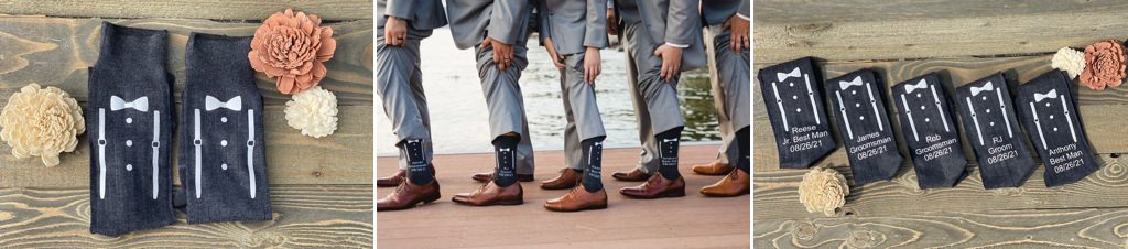 Close up photo of socks fro groom and groomsmen. These socks have little tuxedos on them