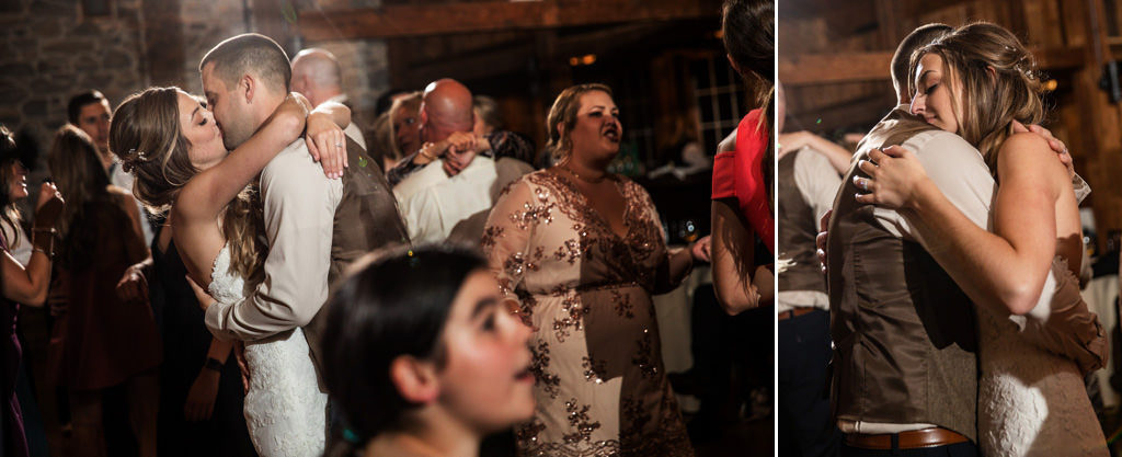 A bride and groom slow dancing to their favorite song for the last dance of their wedding reception.