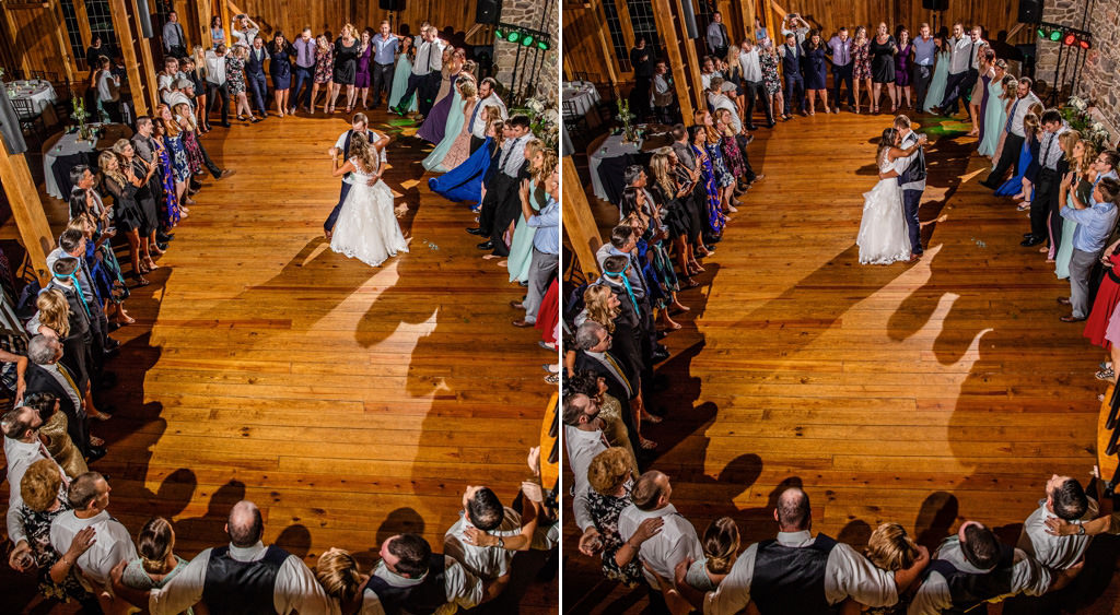 A bride and groom dancing in the middle of a big circle of wedding guests for the last dance song of the night.