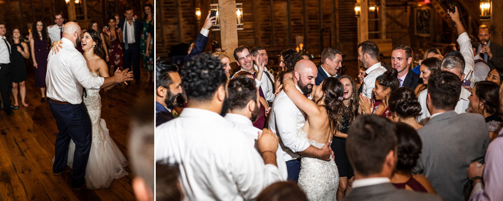 A bride and groom doing a last dance at a wedding reception.