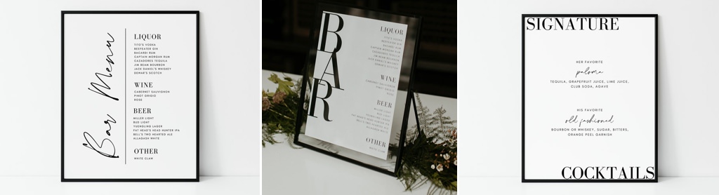 close up photo of wedding bar sign for cocktail hour