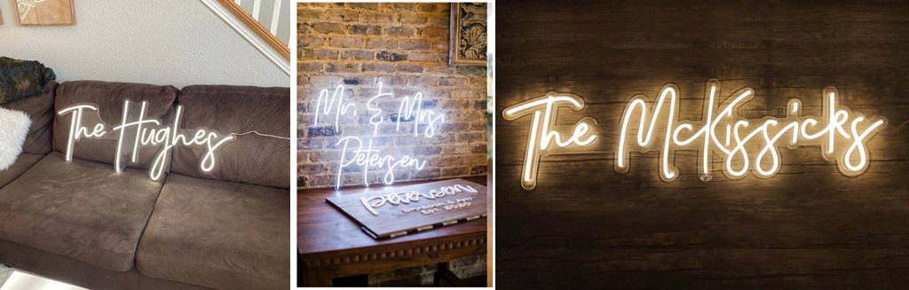 A close up photo of tgreee different wedding neon signs