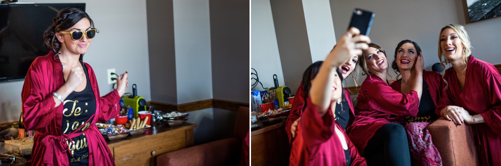 Bridesmaids in red robes dancing and getting ready for the wedding. This is for the pre-wedding songs article.