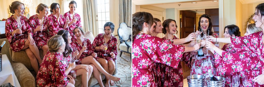 A bride and bridesmaids getting ready for a wedding and laughing. This is for the article called pre-wedding songs for bride and bridesmaids getting ready.