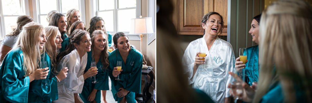 A bride and her bridesmaids listening to music and laughing while getting ready for thew wedding. The bridesmaids are wearing teal robes.
