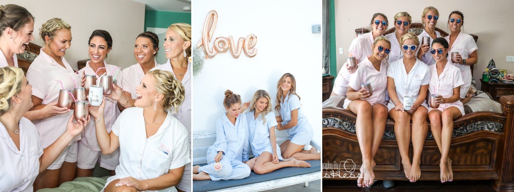bridesmaids laughing and wearing pajamas
