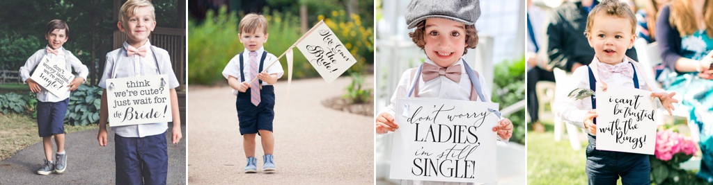cute photos of ring bearers with signs that say here comes the bride.