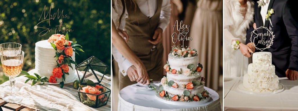 A close up of a bride and groom cutting the wedding cake with a custom wedding cake topper