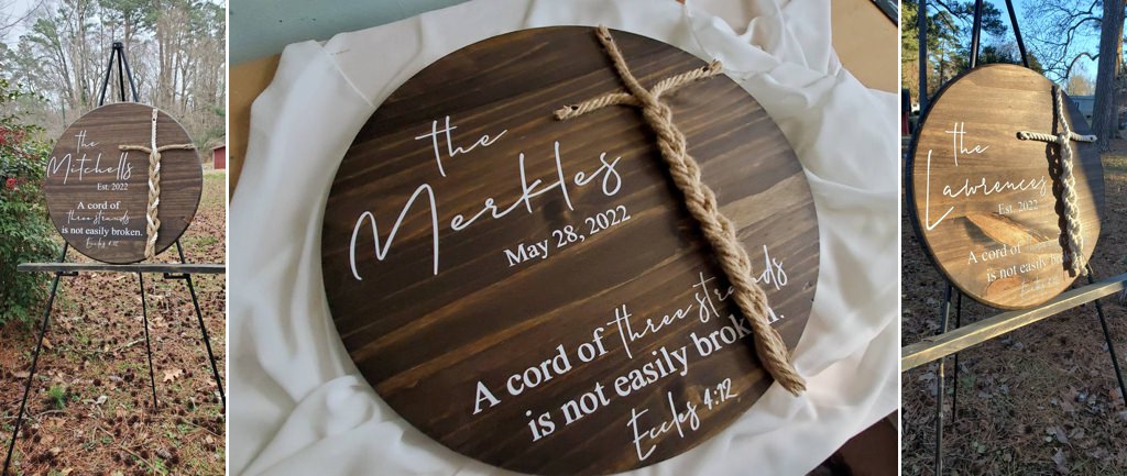 A close up wooden wedding ceremony unity sign. This is A Cord with Three Strands