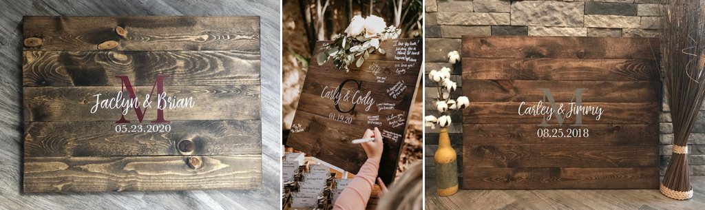 A close up photo of a wooden guest book at a wedding.