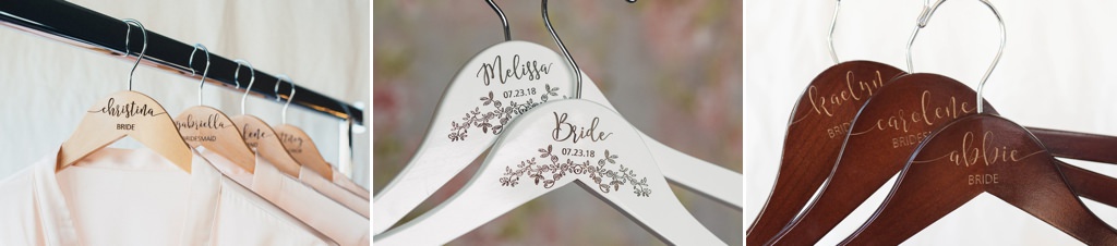 Close up photos of personalized bride and bridesmaid dress hangers