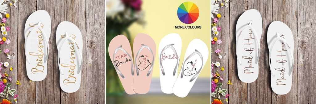 A close up photo of wedding flip flops