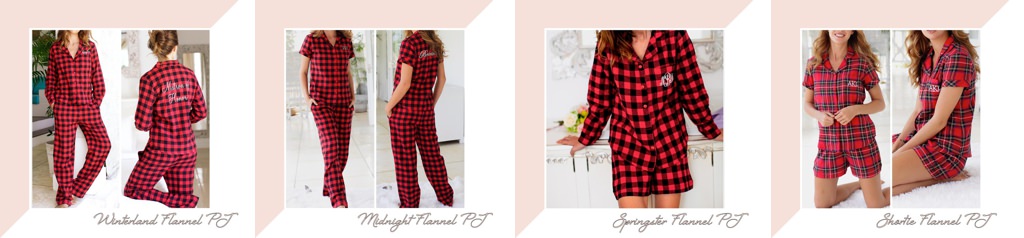 Bridesmaids wearing red and black flannel pajamas while getting ready for a wedding