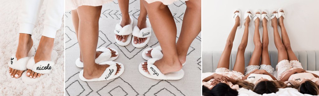 A cloe up of bride and bridesmaid slippers on feet