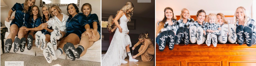 A bride and bridesmaids wearing personalized socks on the wedding day
