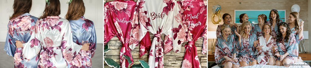 A group of bridesmaids wearing matching robes while getting for a wedding.