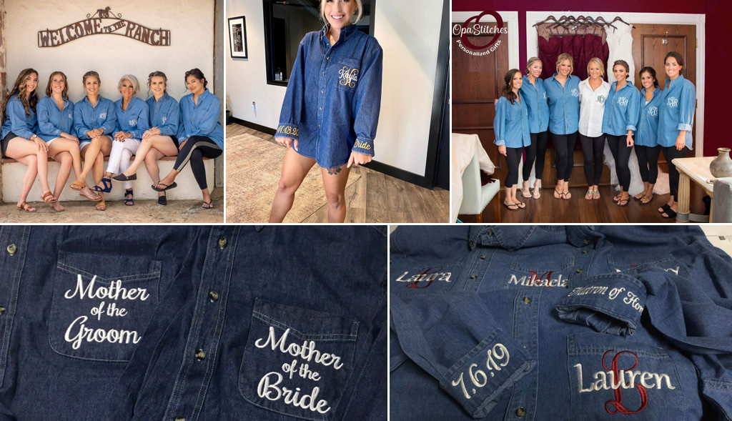 A bride and bridesmaids wearing denim button down shirts while getting ready for a wedding