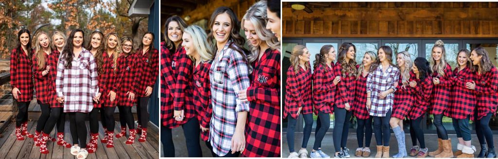 A bride and bridesmaids posing for photos in button down red and black flannel shirts. This is for the wedding essentials article that goes items a bride might want to include on her wedding day shopping list.