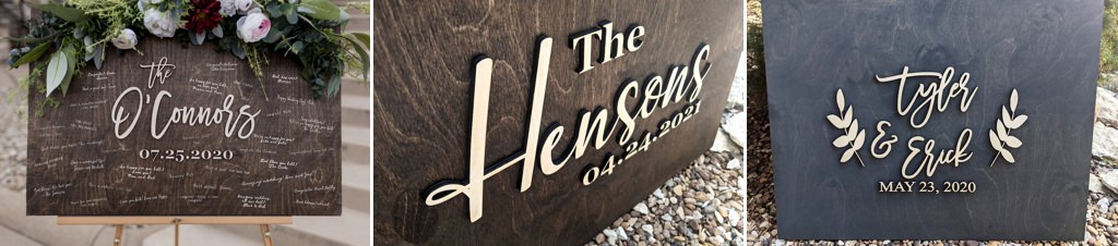 A close up of a wedding guest book alternative. Board with 3-d letters
