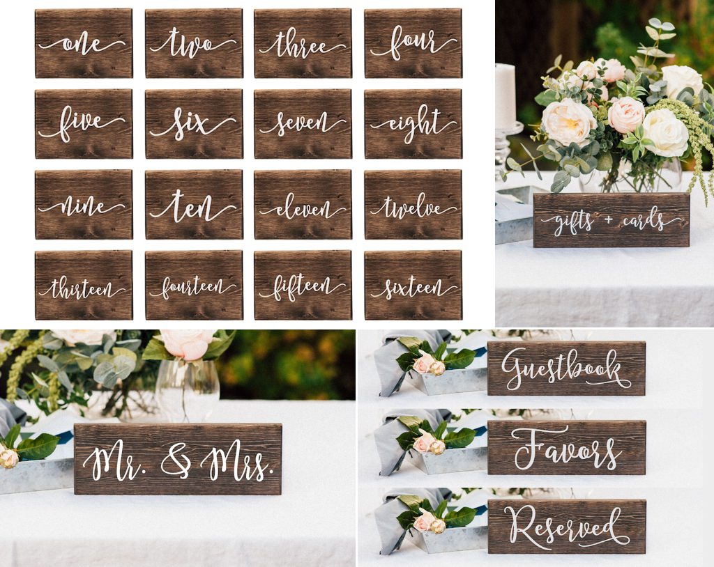 Close up photos of wooden wedding reception signs