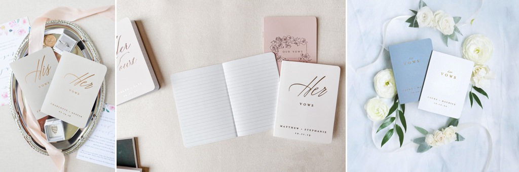 Close up photo of wedding vow books on a table
