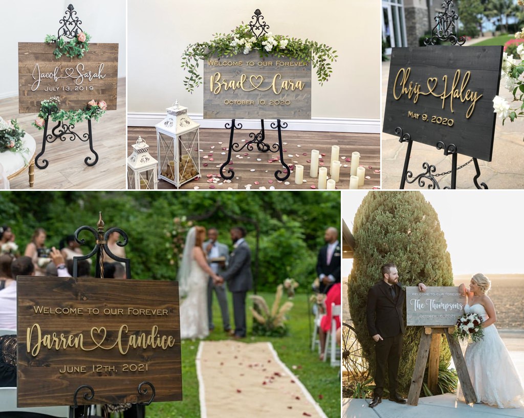 close up photos of different wedding welcome signs