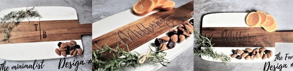 A personalized cutting board set that is a gift given to the bride and groom from the mother of the groom or mother of the bride.