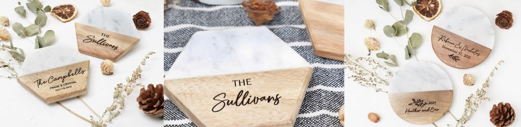 A customized coaster set that is used as a bridal shower gift idea