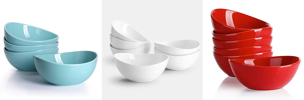 dessert dishes stacked on a counter