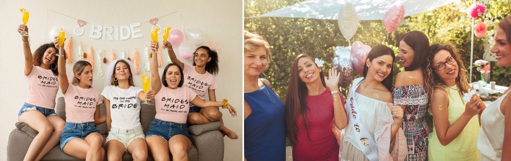 bride and bridesmaids wearing friends theme shirts at a bridal shower