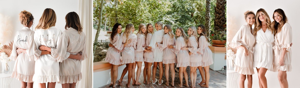 A bride and bridesmaids wearing robes while getting ready for a wedding