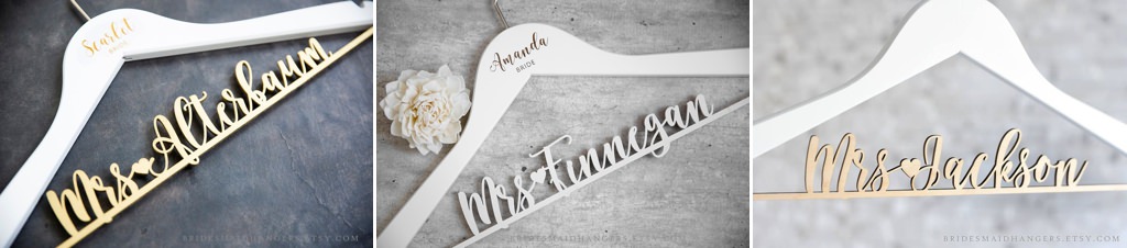 A close up photo of a custom wedding dress hanger. This is for the article called best bridal shower gifts.